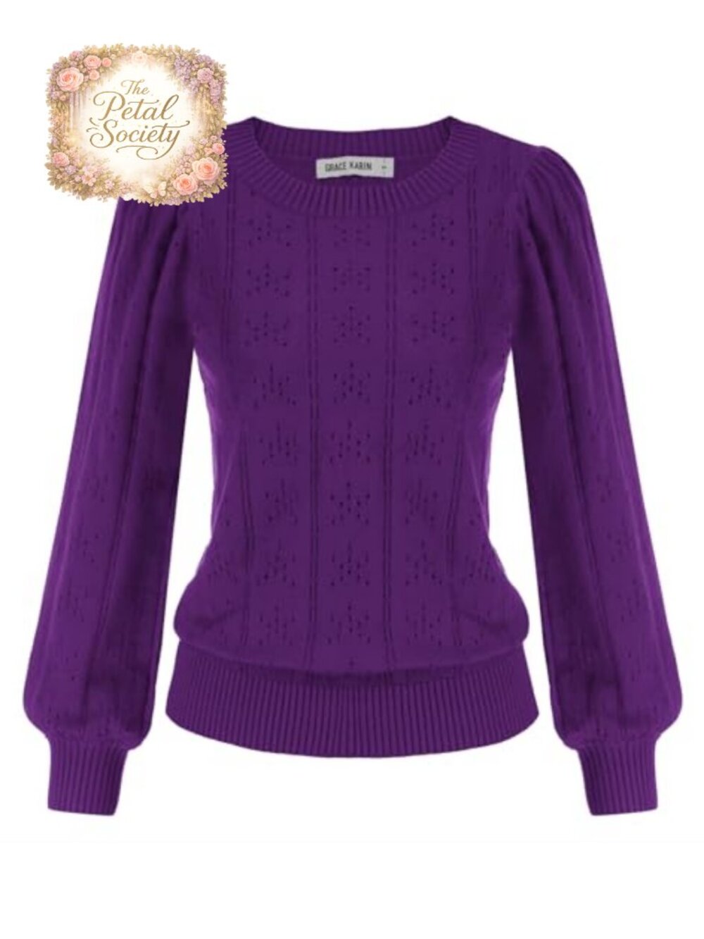 Puff Long Sleeve Crochet Knit Sweater Pullover Lightweight Fitted